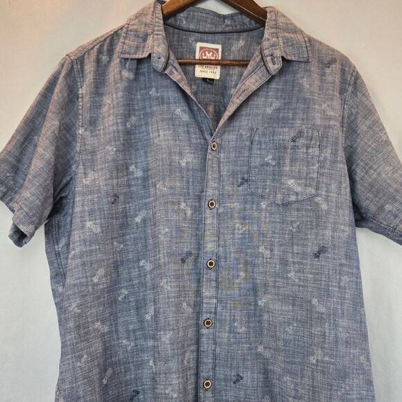 Micros Los Angeles Blue Chambray Pineapple Tropical Print Shirt Pocket Large - Picture 2 of 8